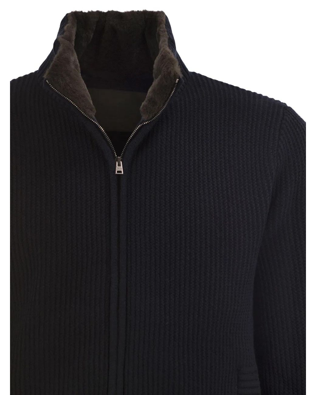 Herno Black Pure Wool Knit Jacket With High Collar And Faux Fur Lining for men
