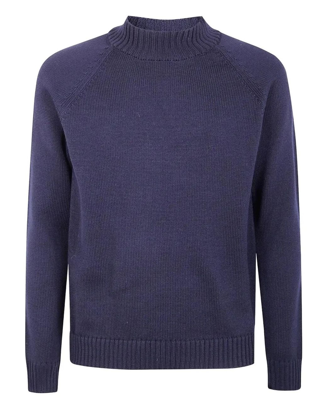 Zanone Blue Stockinette Stitch Slim Fit Raglan Sleeved Mock Neck Sweater for men