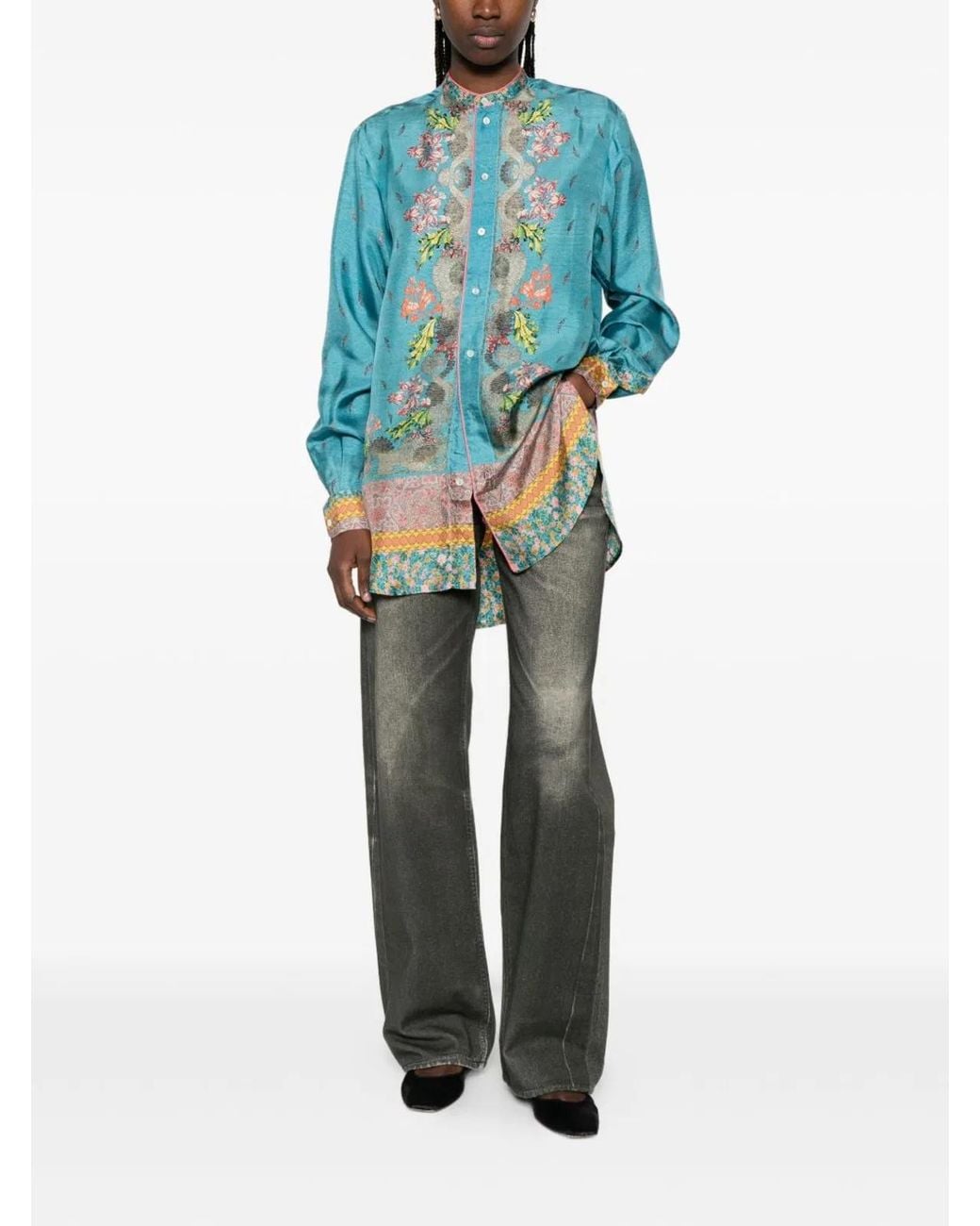 Pierre Louis Mascia Blue Printed Silk Shirt