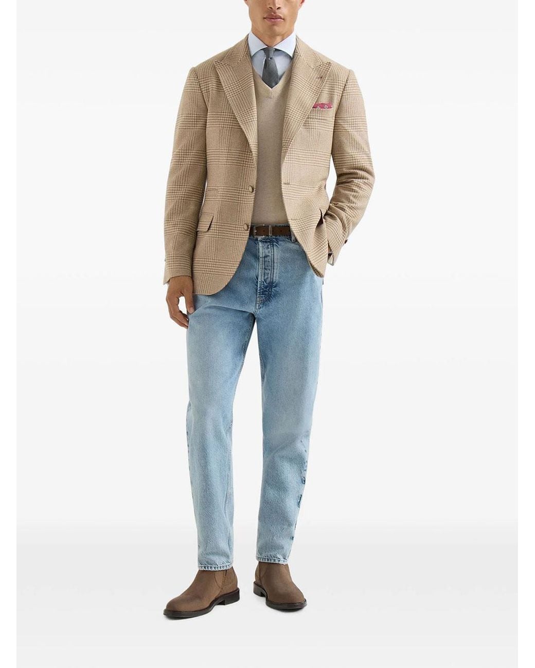 Brunello Cucinelli Natural Single Breasted Checked Blazer for men