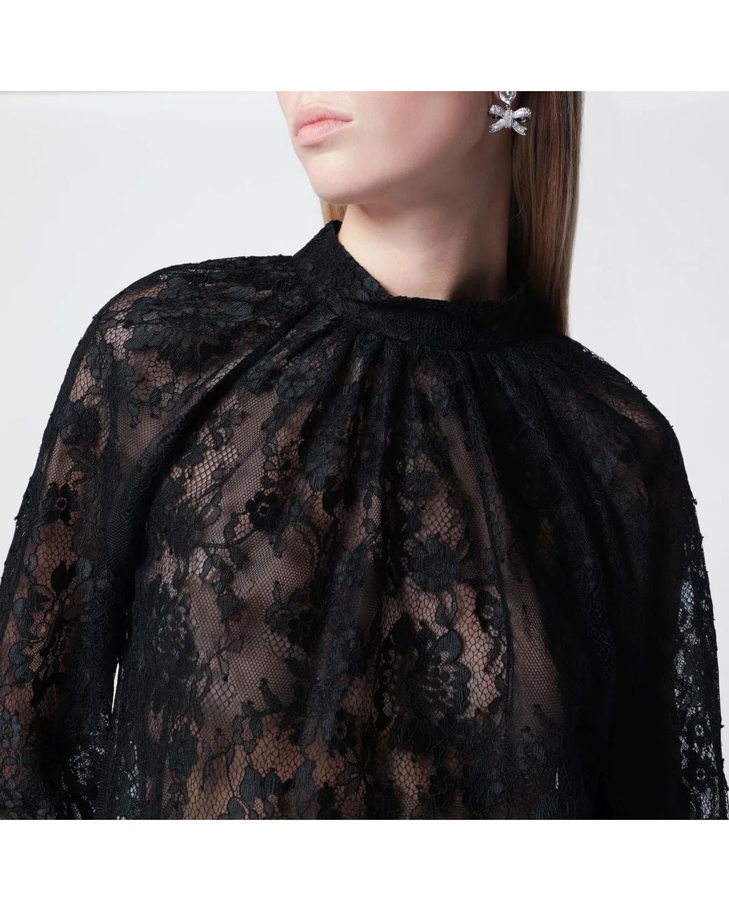 Self-Portrait Black Highneck Lace Blouse With Long Sleeves