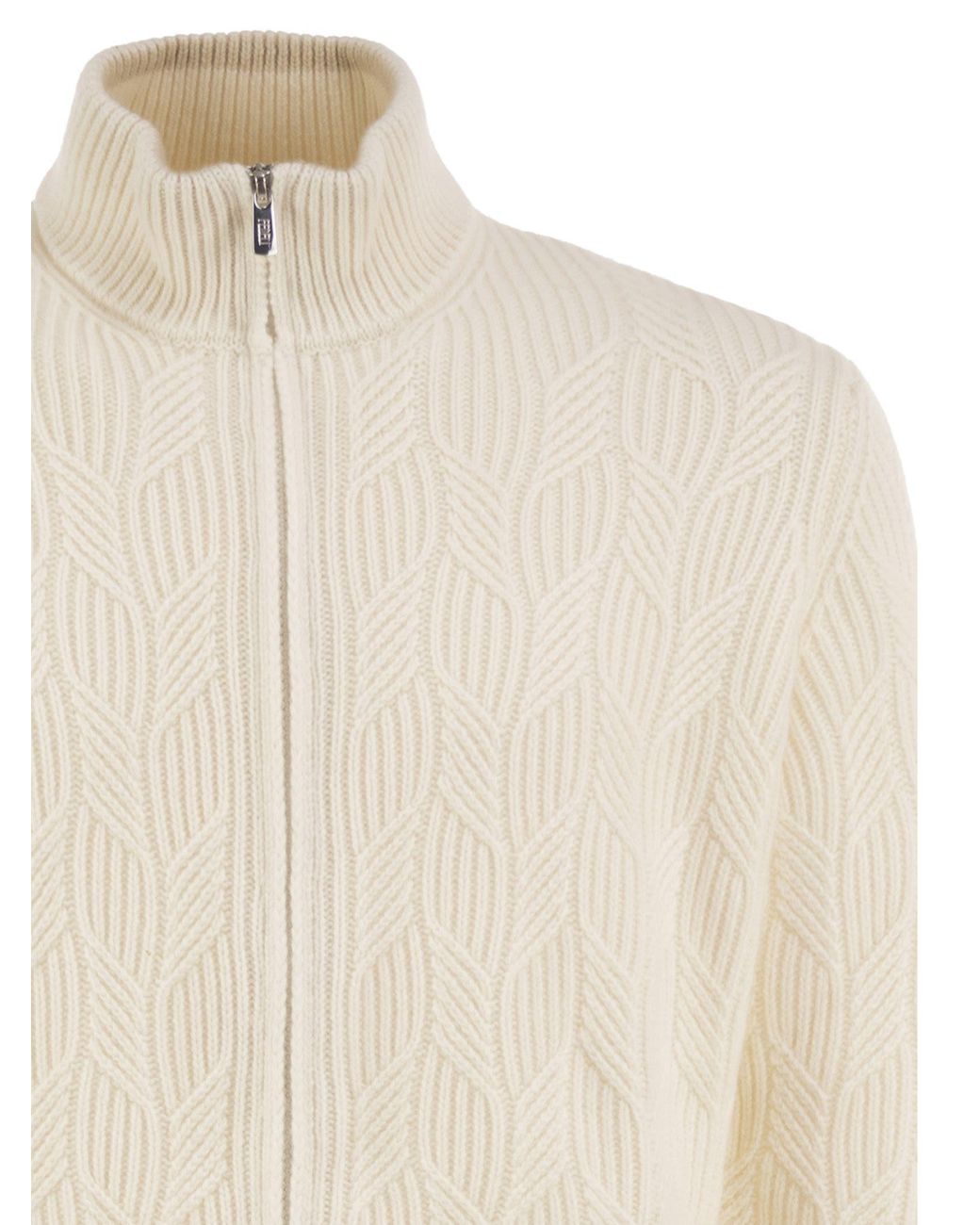 Fedeli White Full-Zip Cashmere Cable-Knit Cardigan