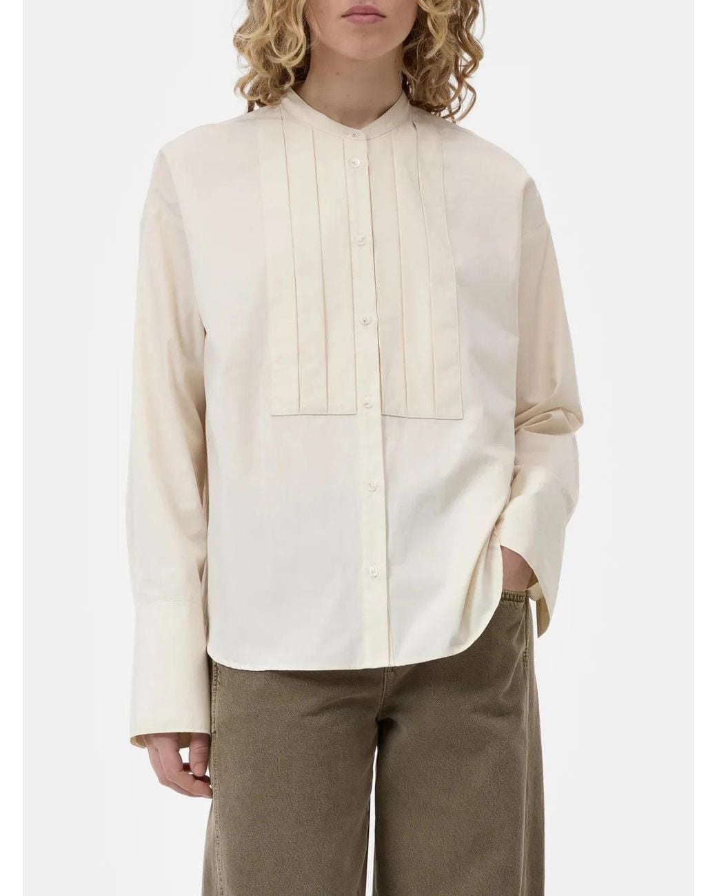 Closed White Relaxed Fit Blouse With Vertical Pleats And Band Collar