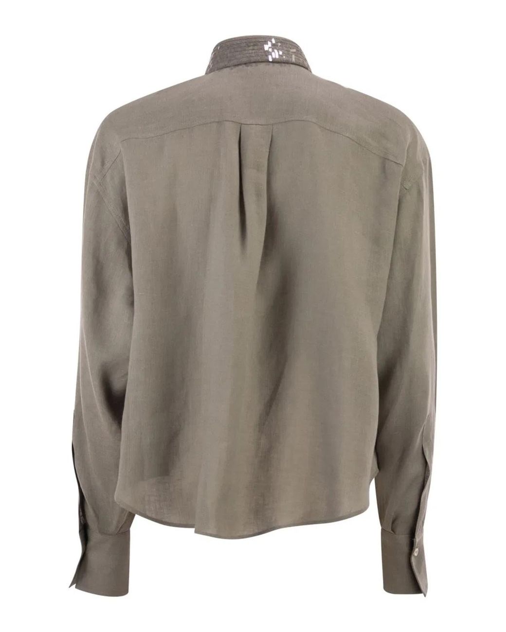 Brunello Cucinelli Green Linen Shirt With Sequin-Embroidered Collar