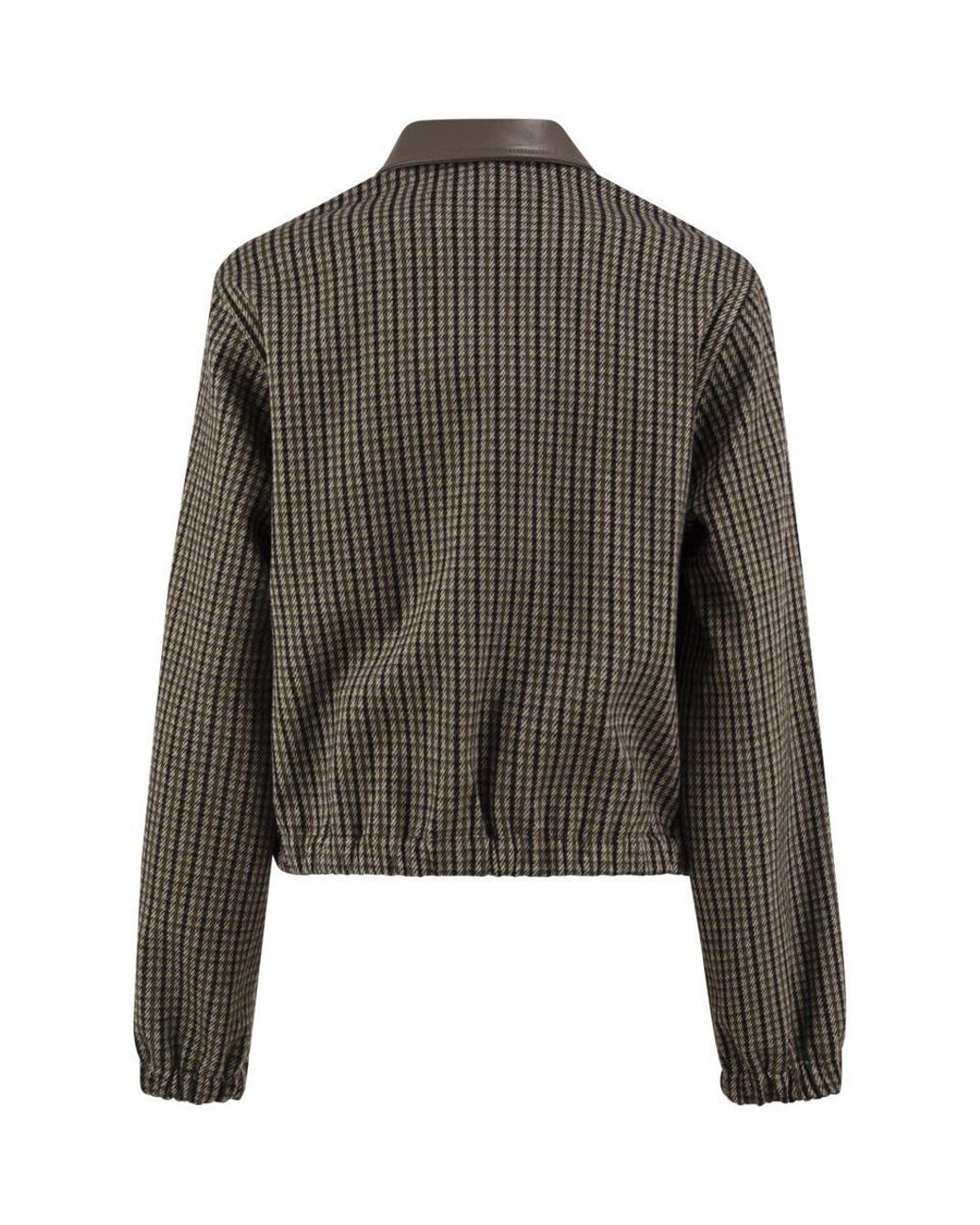 Fabiana Filippi Brown Short Houndstooth Bomber Jacket With Genuine Leather Collar