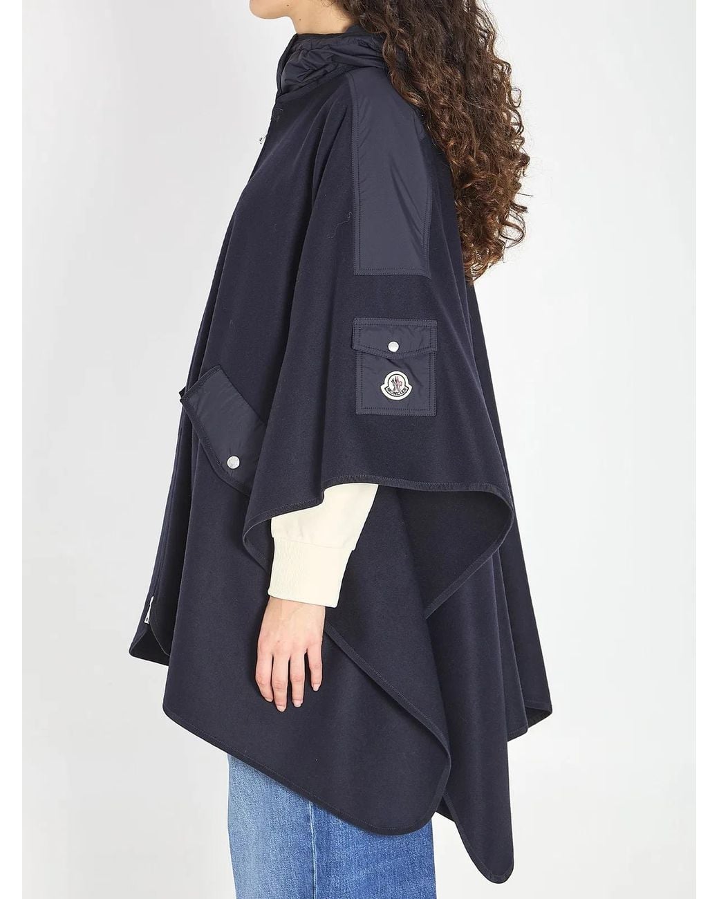 Moncler Blue Wool Hooded Zip-Up Cape