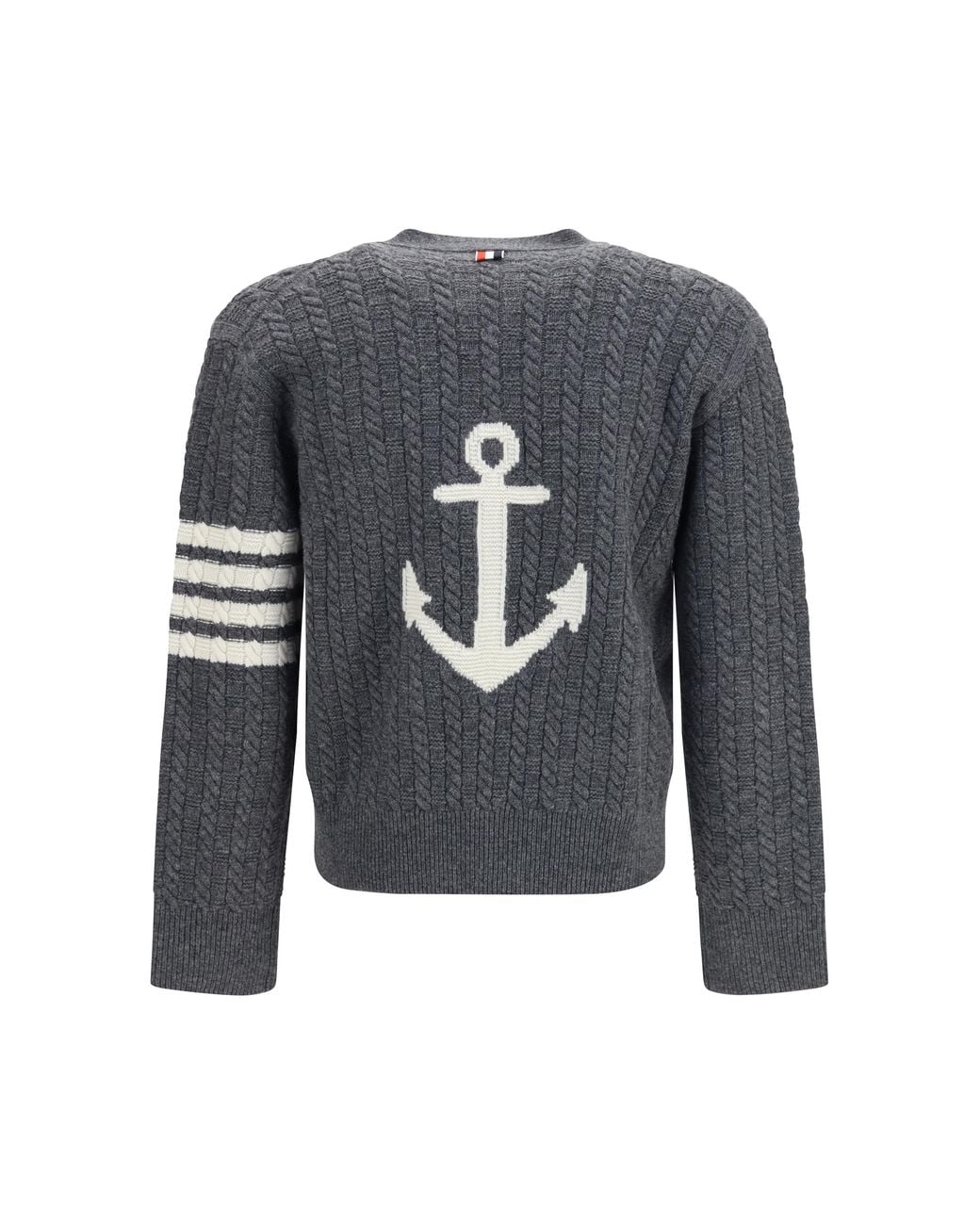 Thom Browne Gray V-Neck Sweater With Anchor Embroidery On The Back Fleece Wool Ovis Aries for men