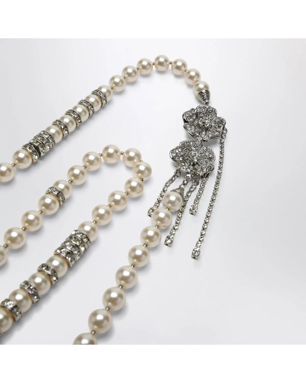 Alessandra Rich White Pearl Necklace With Crystal Flower Clasp
