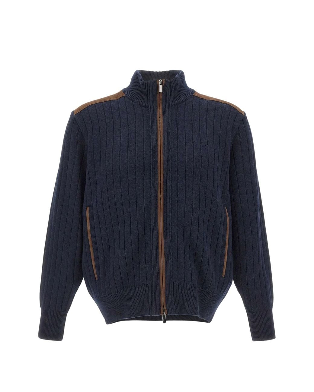 Paul & Shark Blue Wool-Cashmere Ribbed Knit Zip-Through Knit for men