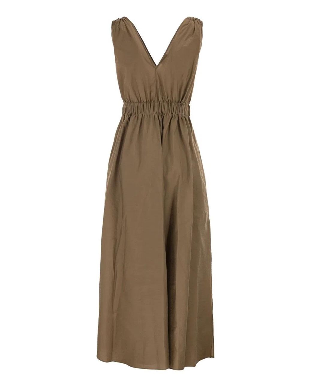 Brunello Cucinelli Natural Techno Cotton Poplin Dress With Belt And Precious Shoulder Detail