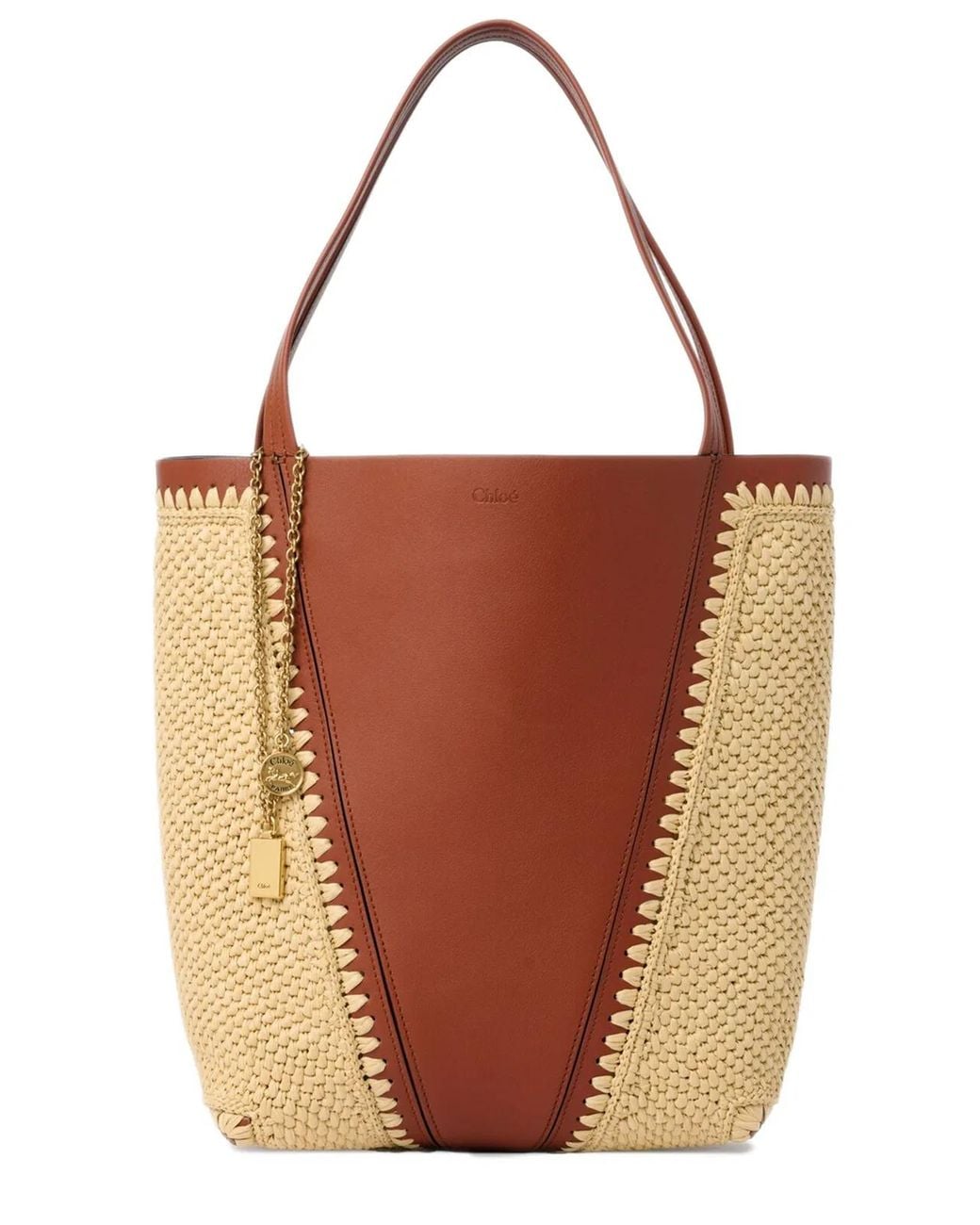Chloé Brown Two-Tone Raffia And Leather Chloã Spin Shopping Bag