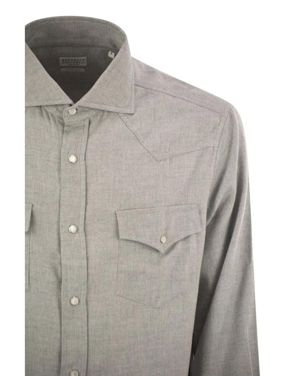 Brunello Cucinelli Gray Stretch Cotton Chevron Flannel Easy Fit Shirt With Snap Buttons, Epaulettes And Pockets for men