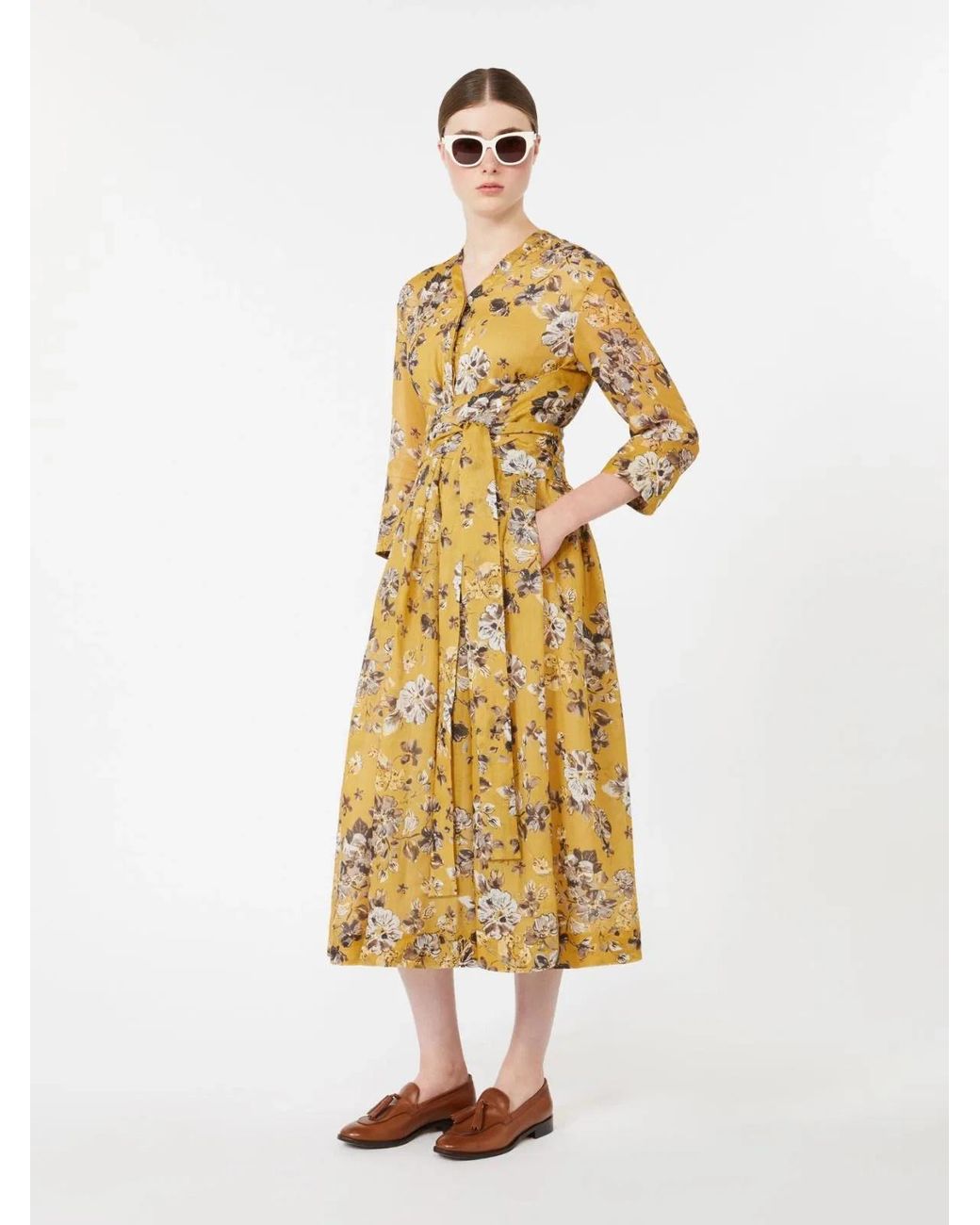 Max Mara Metallic V-Neck Floral Print Dress With Belt And Pockets