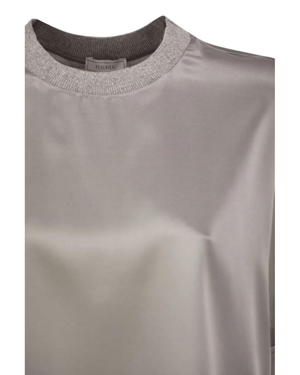 Peserico Gray Stretch Silk Blouse With Lurex Knit Neckline