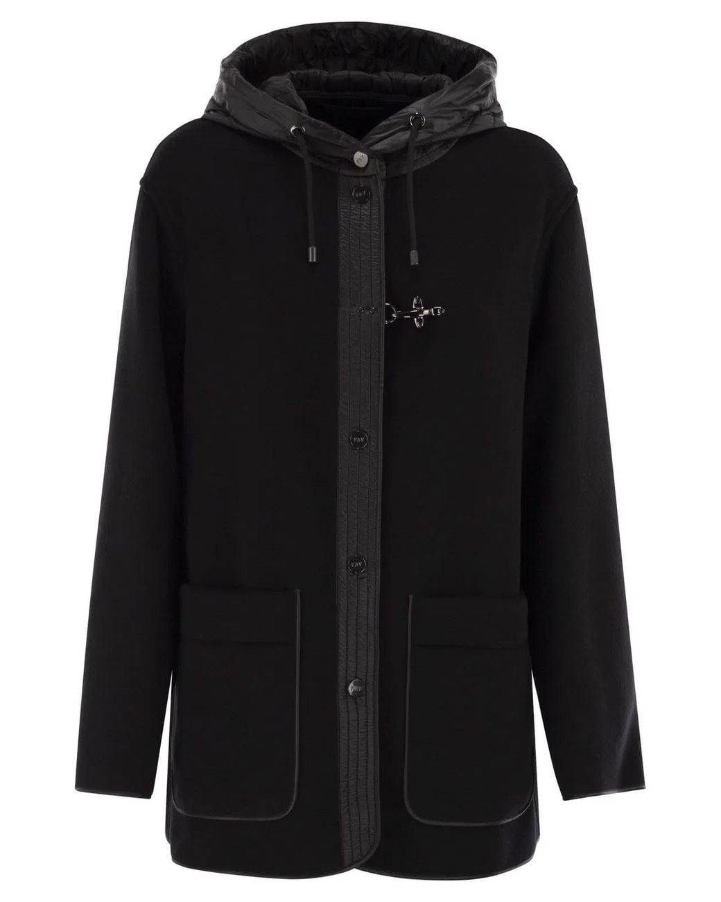 Fay Black Two-Material Wool And Cashmere Caban Coat