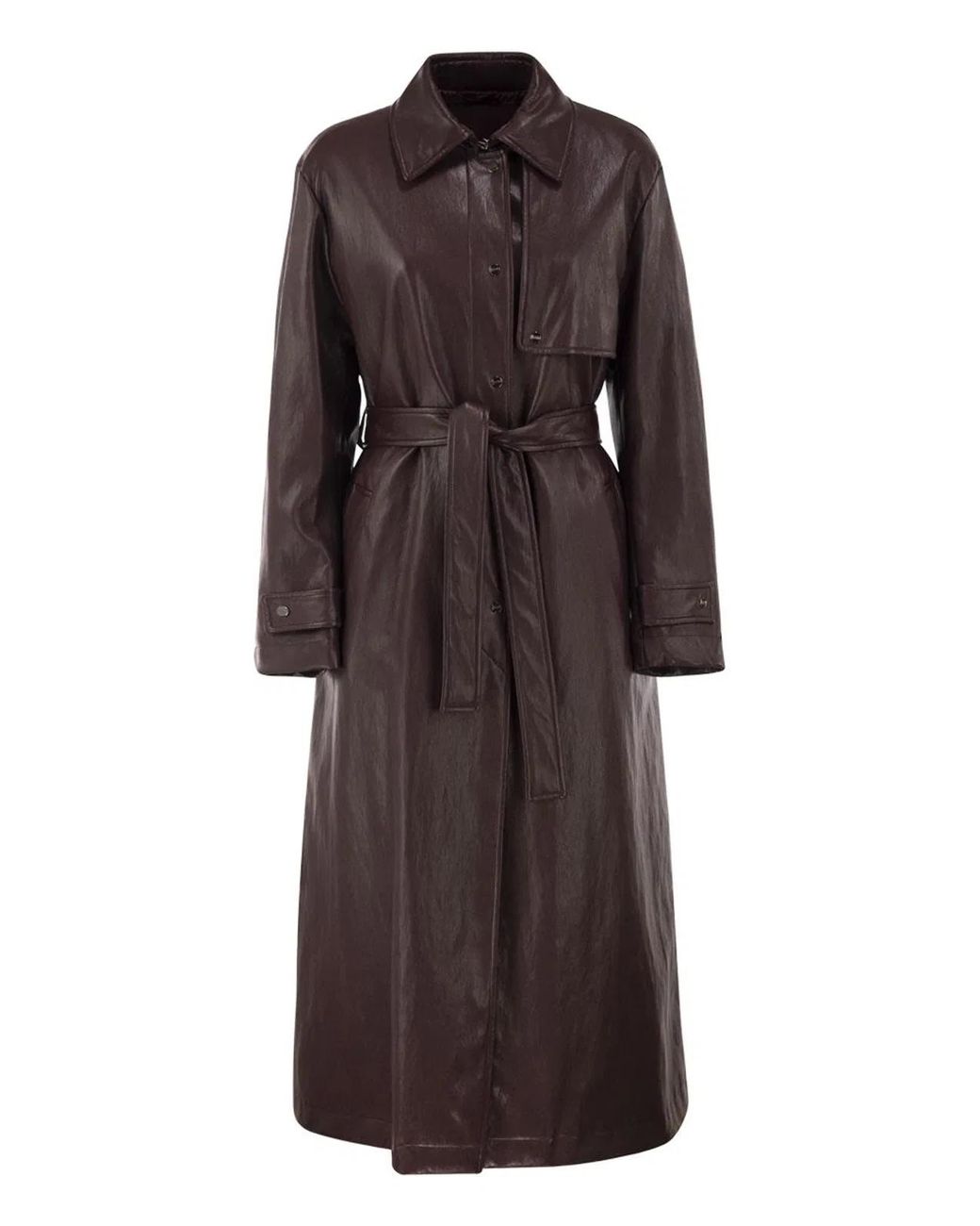 Herno Brown Long Belted Leather-Effect Coat