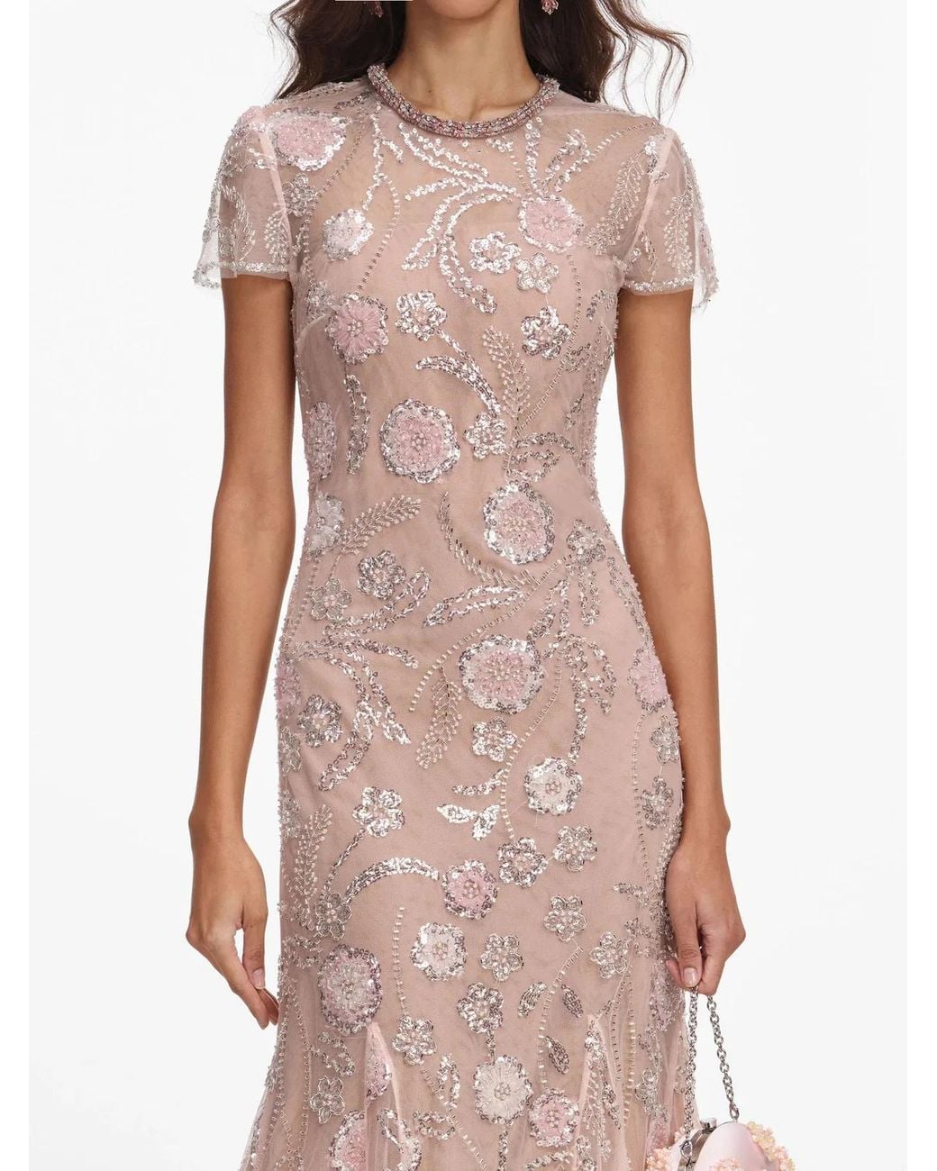 Self-Portrait Pink Flower Sequin Embellished Midi Dress