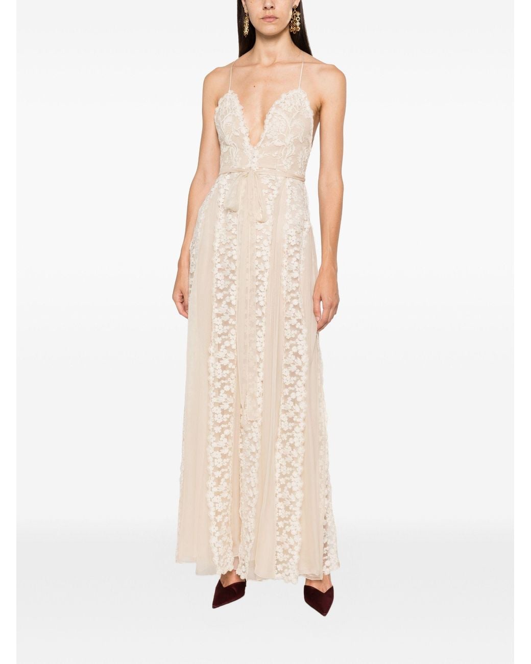 Fendi White Floral-Lace Belted Maxi Dress