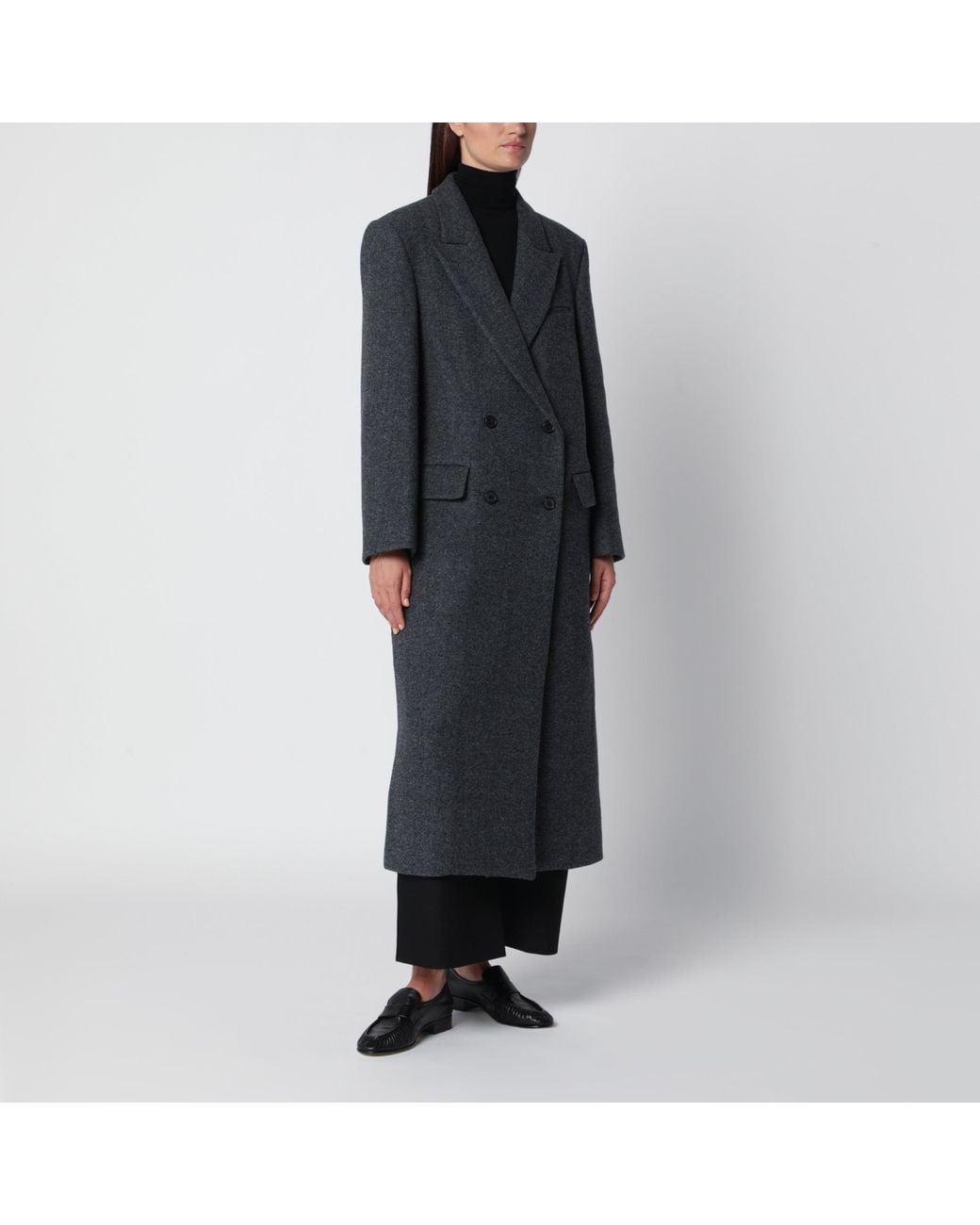 Source Unknown Black Dark Reyna Double-Breasted Herringbone Coat