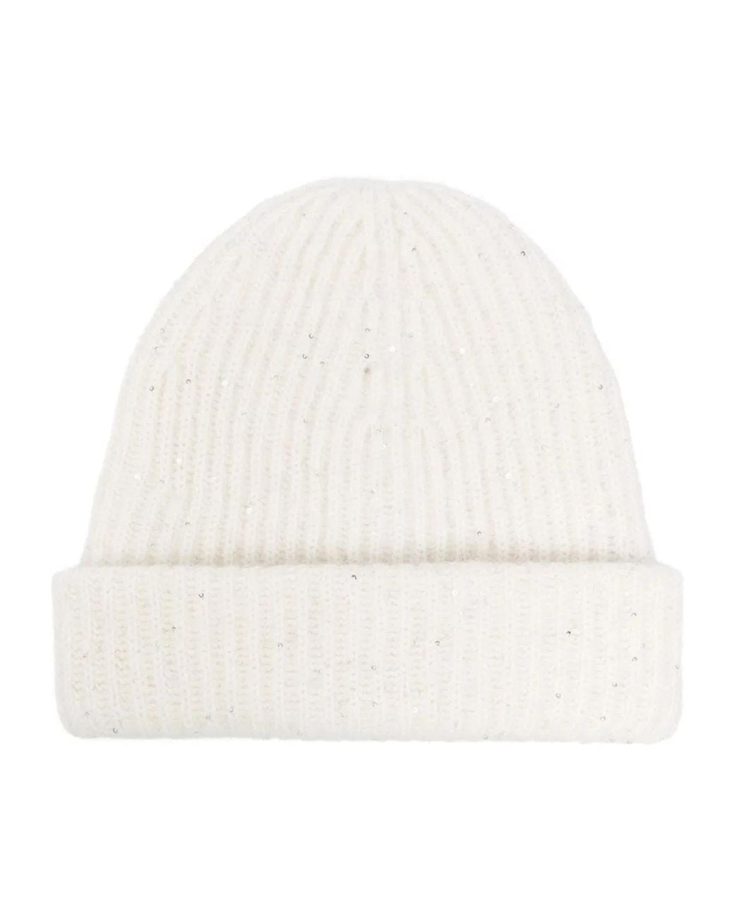 Fabiana Filippi White Ribbed Knit Sequin Embellished Hat