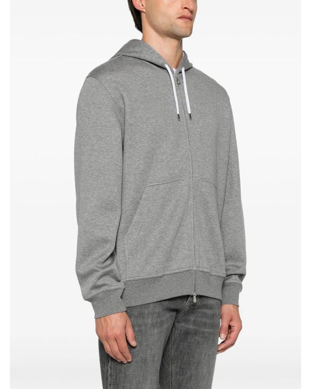 Brunello Cucinelli Gray Melange Cotton-Blend Zip-Up Hoodie Featuring Cashmere, Silk, And Kangaroo Pockets for men