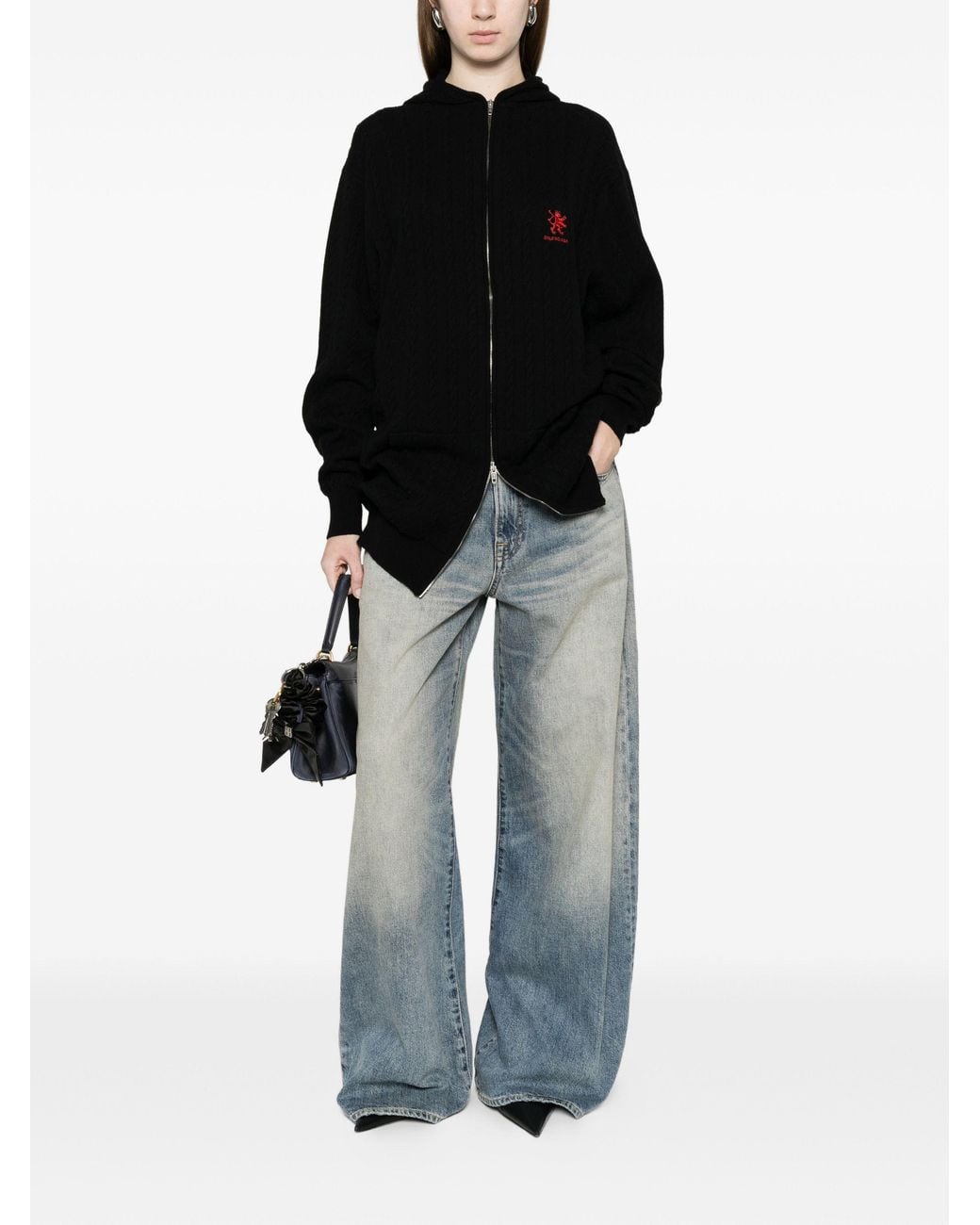 Balenciaga Black Logo-Embroidered Cable-Knit Hoodie