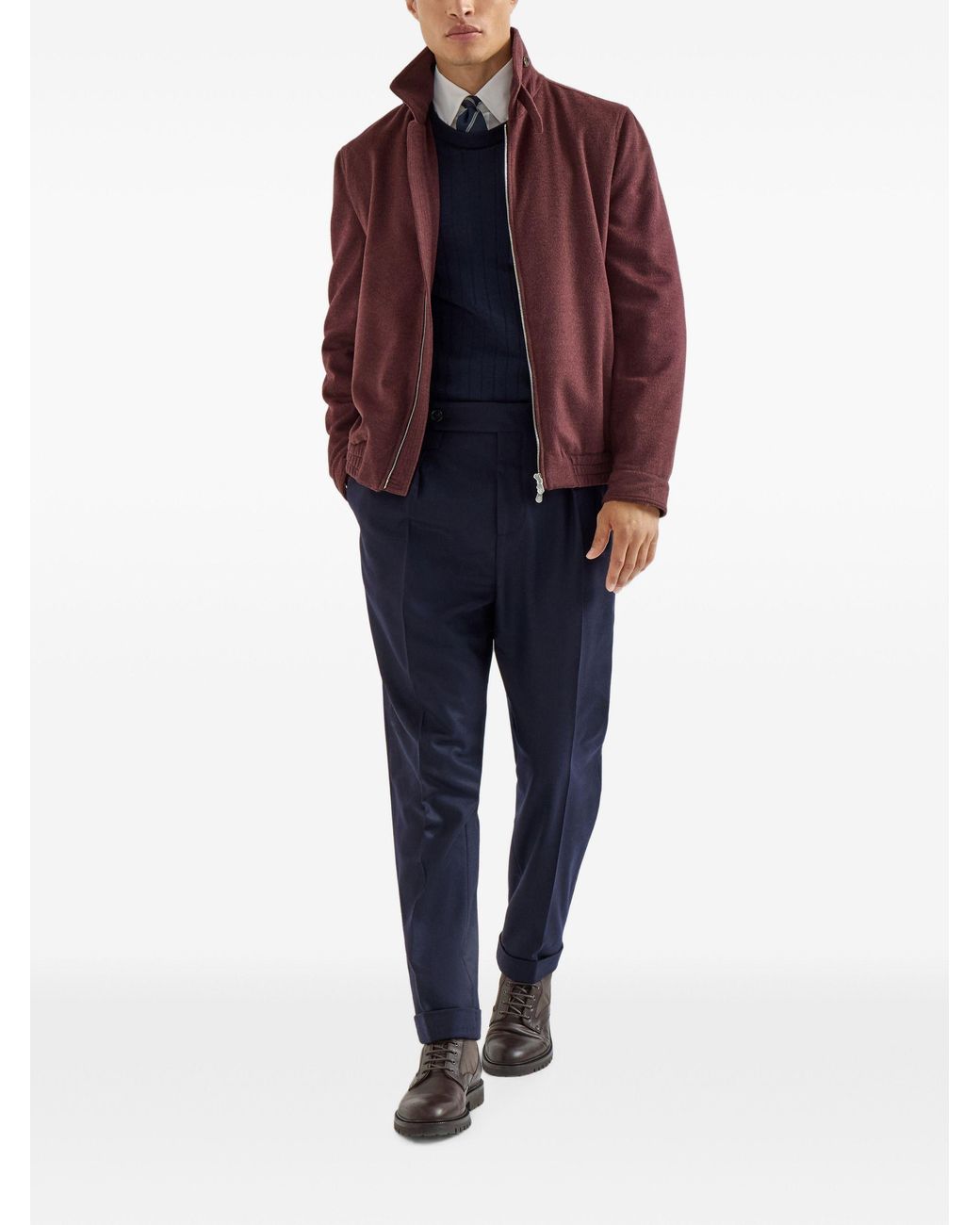 Brunello Cucinelli Purple Virgin Wool Beaver Cloth Bomber Jacket With Zipper for men