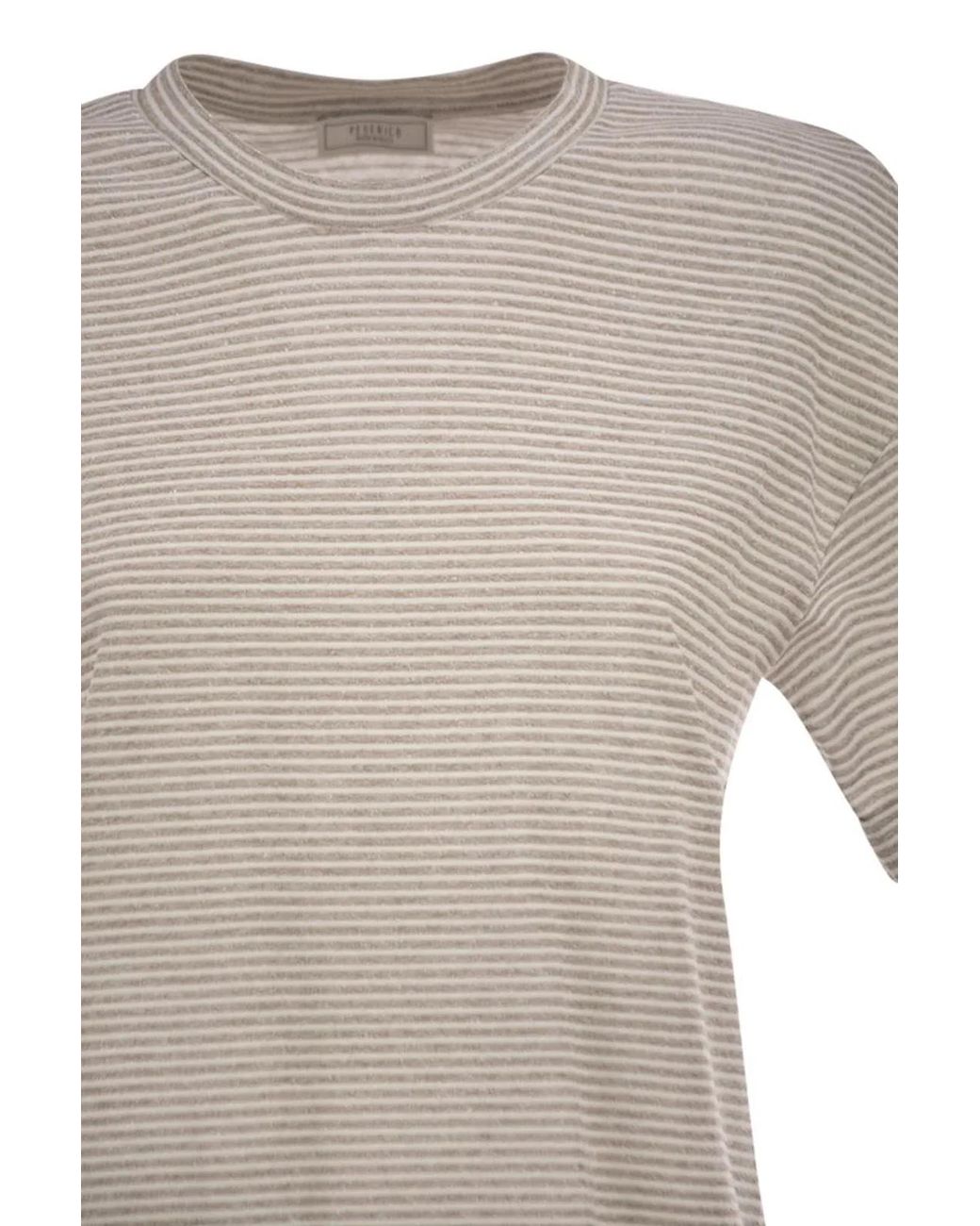 Peserico White Striped Linen And Cotton T-Shirt With Luminous Yarns