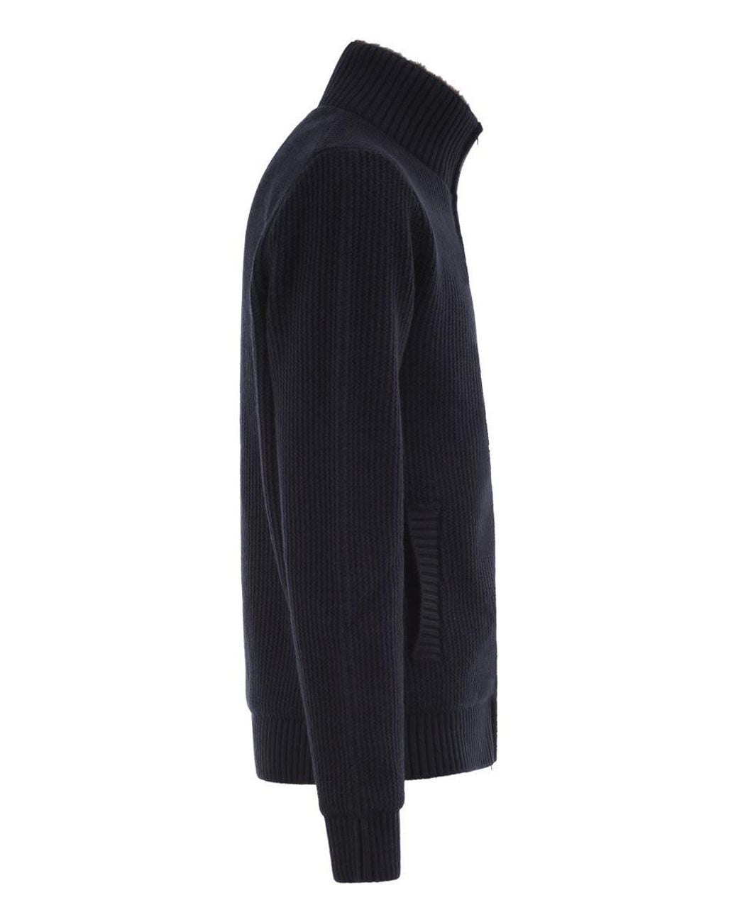 Herno Blue Pure Wool Knit Jacket With High Collar And Faux Fur Lining for men