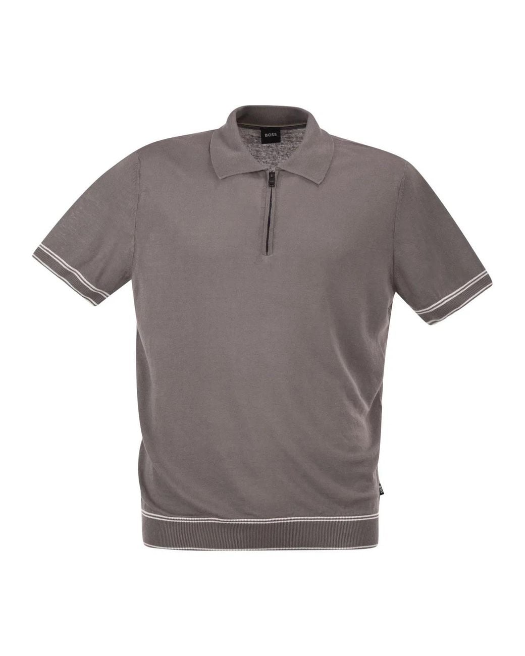 Boss Gray Linen And Viscose Polo Shirt With Zip And Contrast Trims for men