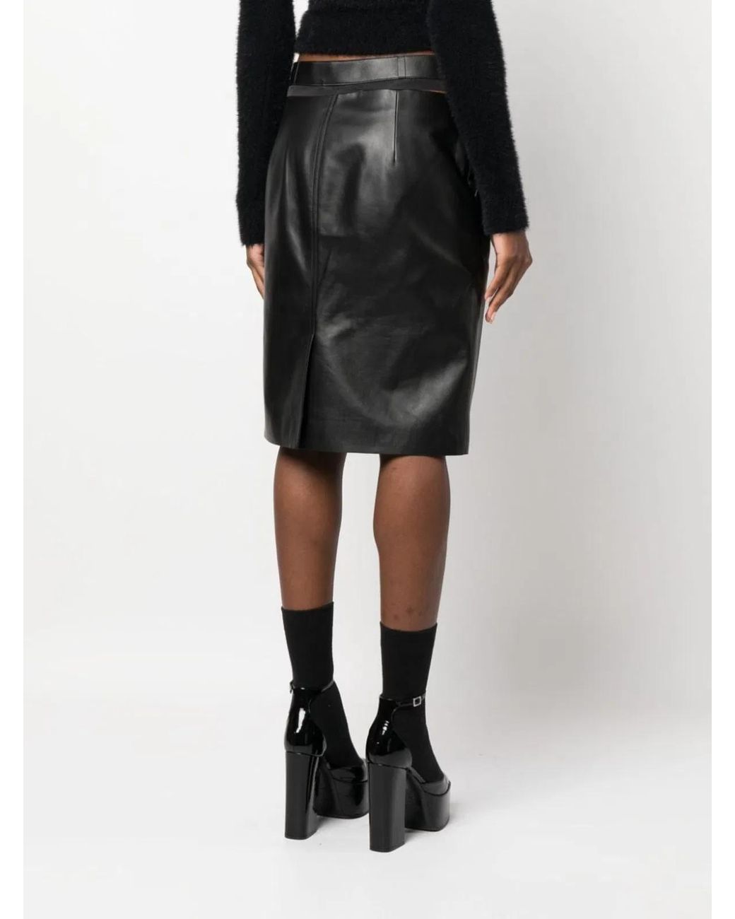 Fendi Black Leather Midi Skirt