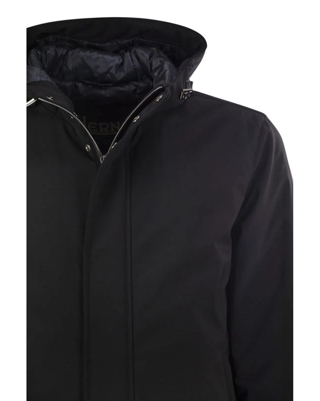 Herno Black Stretch Technical Fabric Hooded Padded Jacket for men