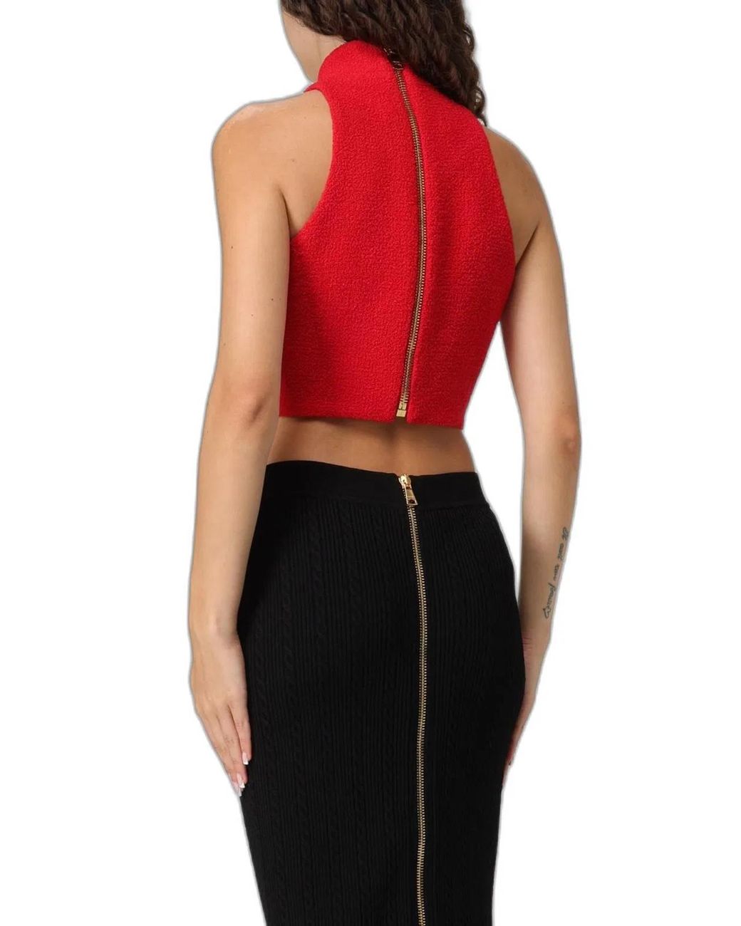 Balmain Red High-Neck Button-Detail Top