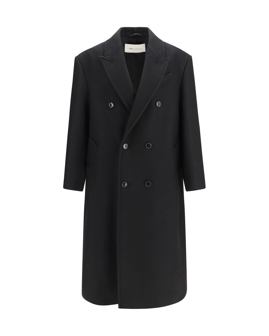 AMI Black Long Double Breasted Wool Coat for men