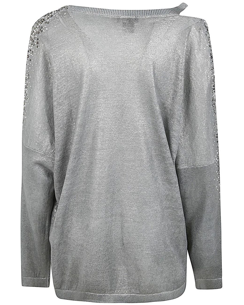 Avant Toi Gray Linen Cotton V-Neck Pullover With Lamination And Strass