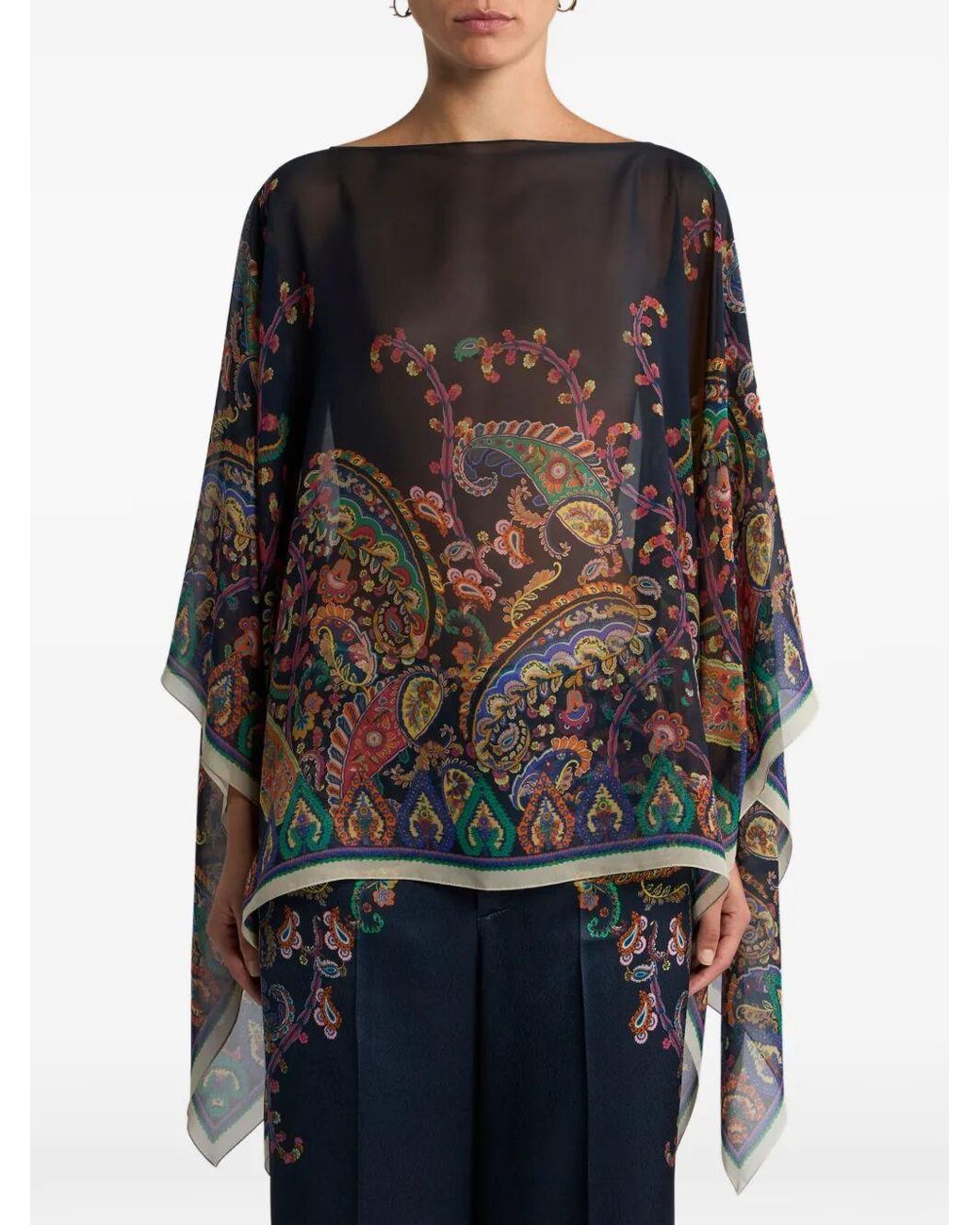 Etro Black Silk Poncho Top With Placed Floral Paisley Print