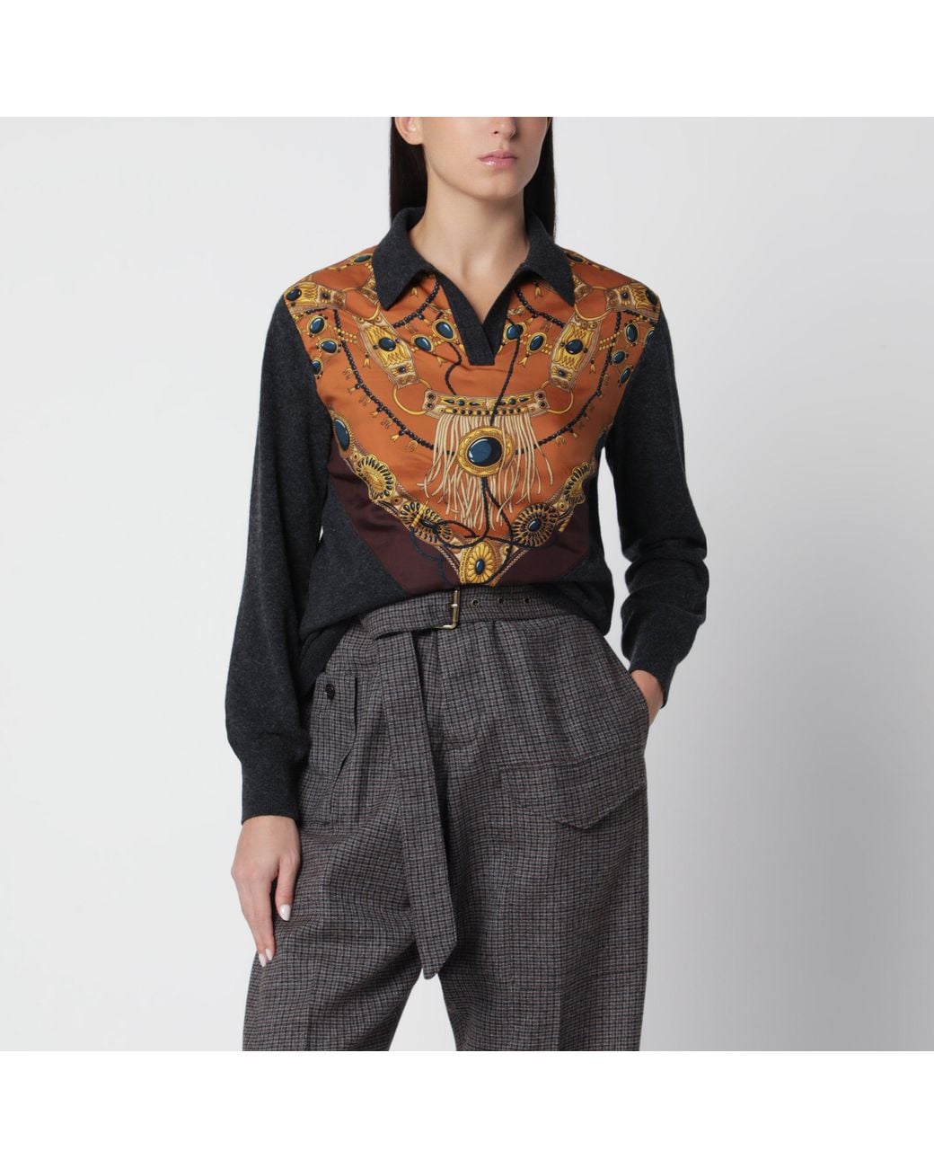 Etro Black Wool And Cashmere Sweater With Printed Silk Intarsia