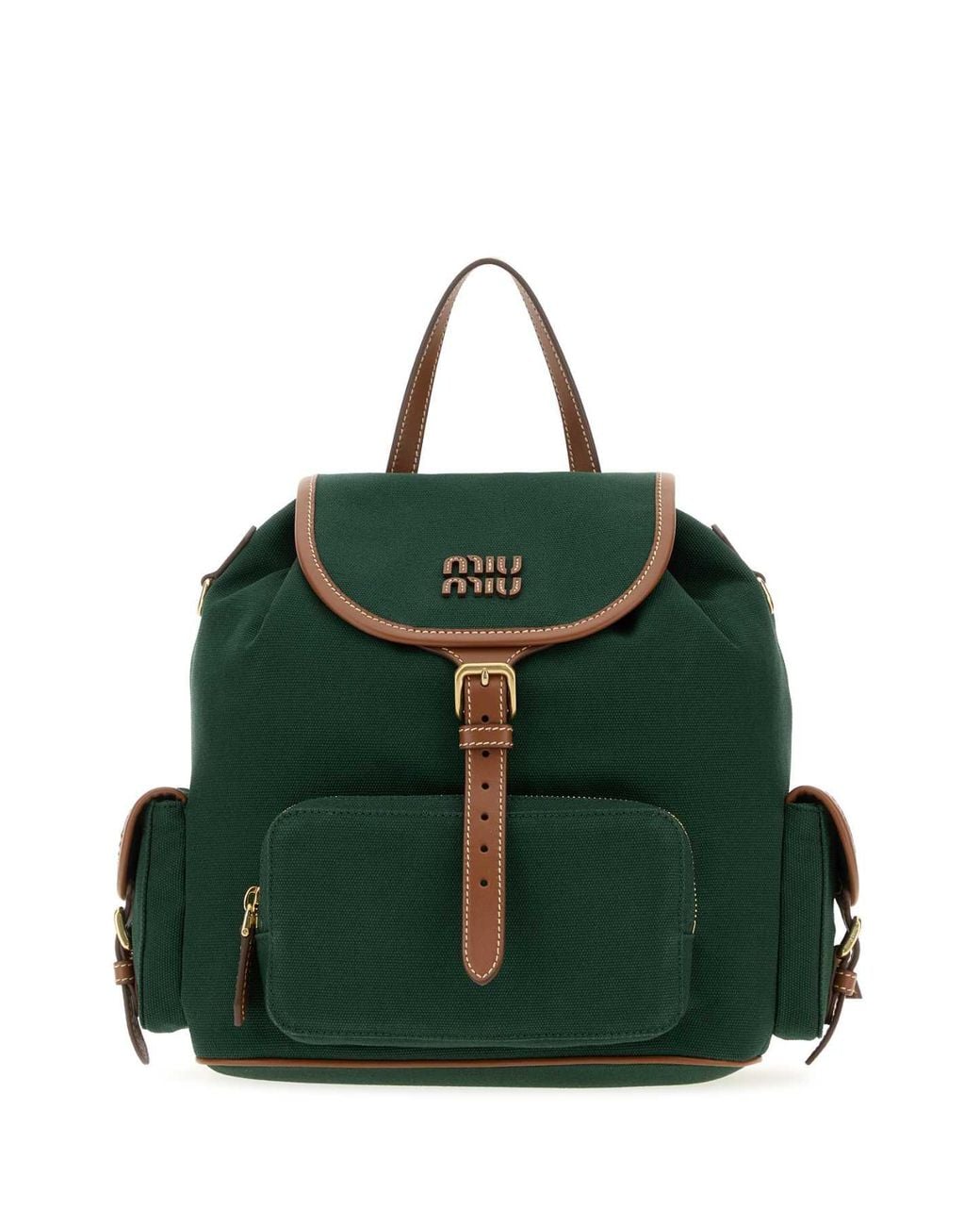 Miu Miu Green 25 X 31 X 15 Cm Mini Canvas Backpack With Calf Leather Details