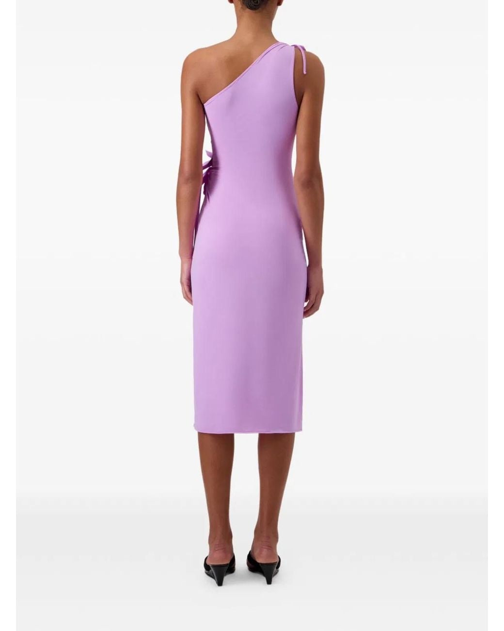 Coperni Purple One-Shoulder Midi Dress With Floral Embellishments