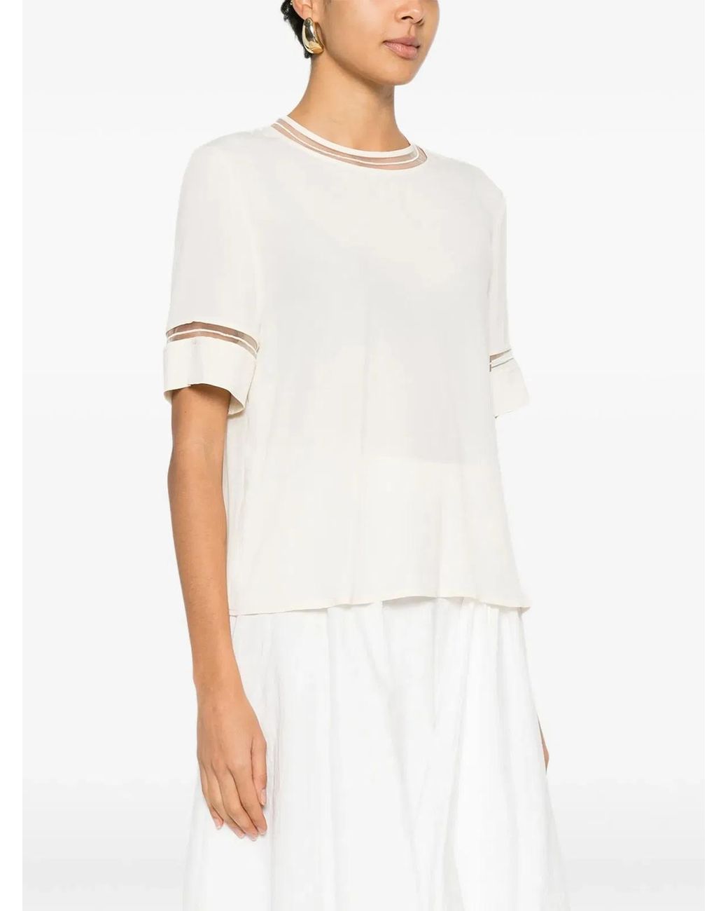 Fabiana Filippi Natural Short-Sleeved Silk Satin Blouse With Transparent Inserts