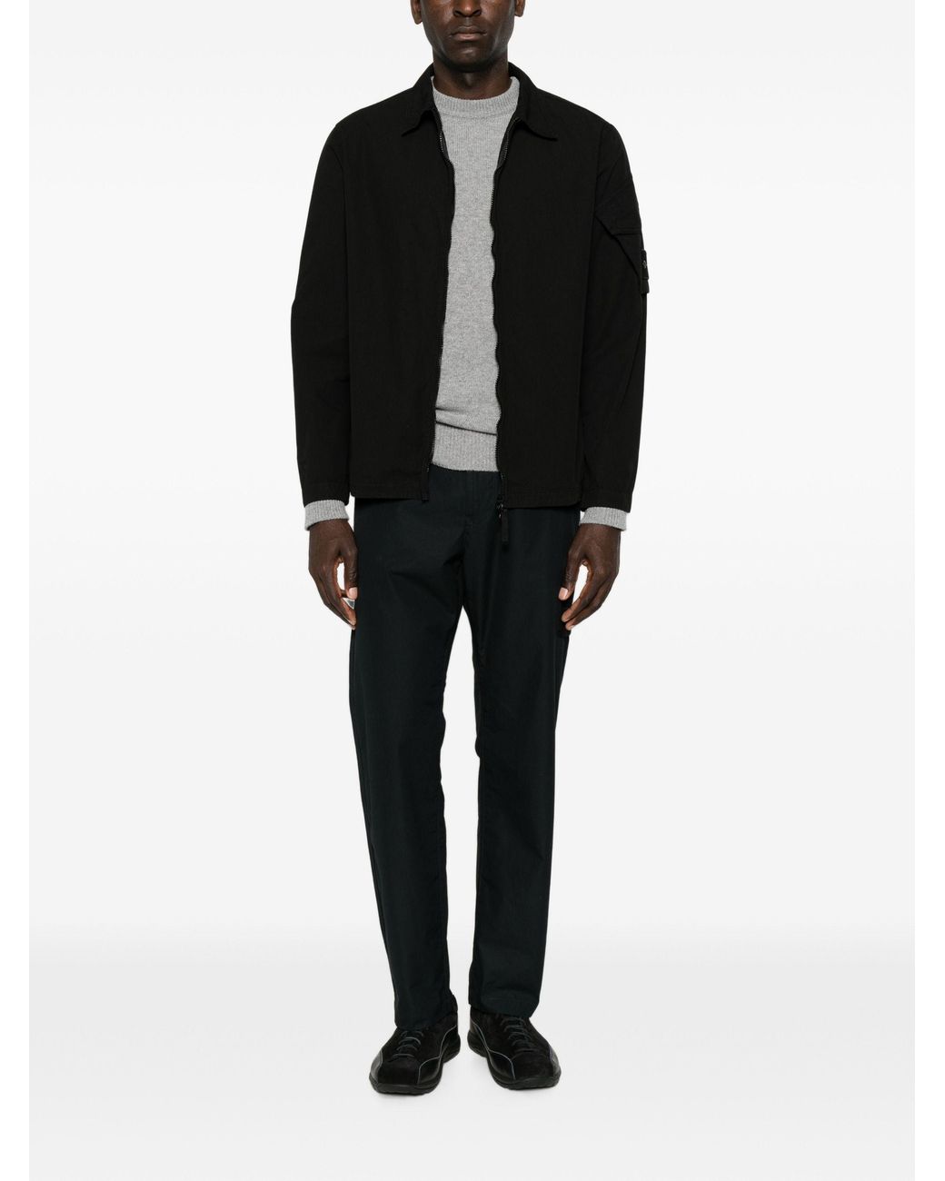 Stone Island Black Logo-Patch Zip-Up Shirt for men