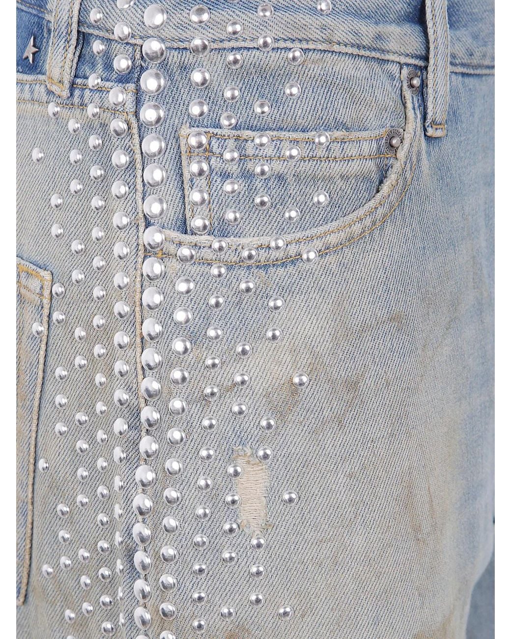 Golden Goose Deluxe Brand Blue "Journey W's" Melody Boyfriend Pant Cotton Denim Officina Wash With Studs On Side