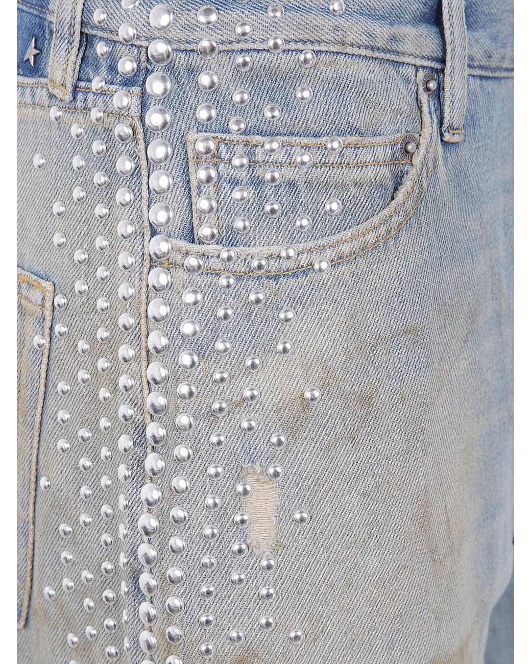 Golden Goose Deluxe Brand Blue Journey W's Melody Boyfriend Pant Cotton Denim Officina Wash With Studs On Side