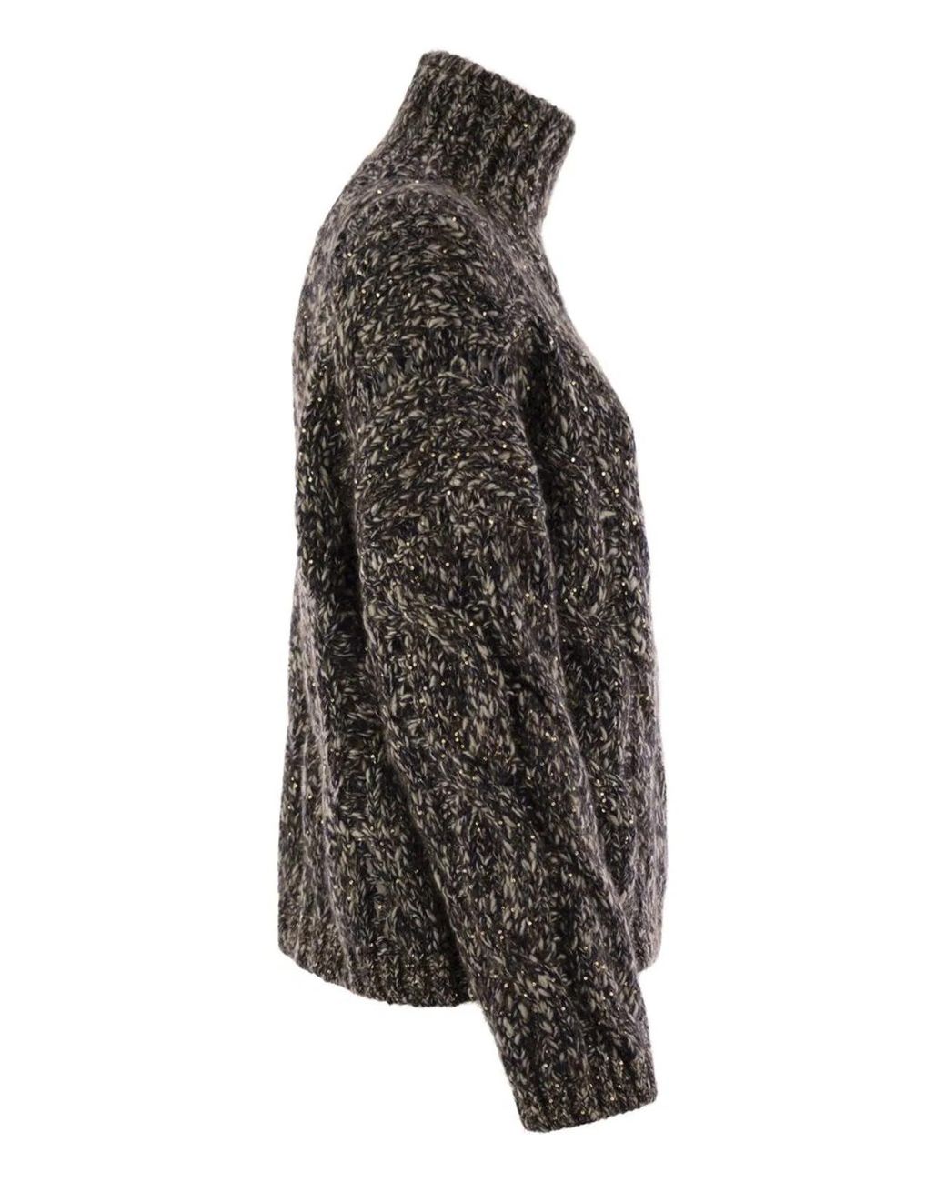 Brunello Cucinelli Black Soft Wool, Cashmere And Mohair Turtleneck Sweater With Braided Design
