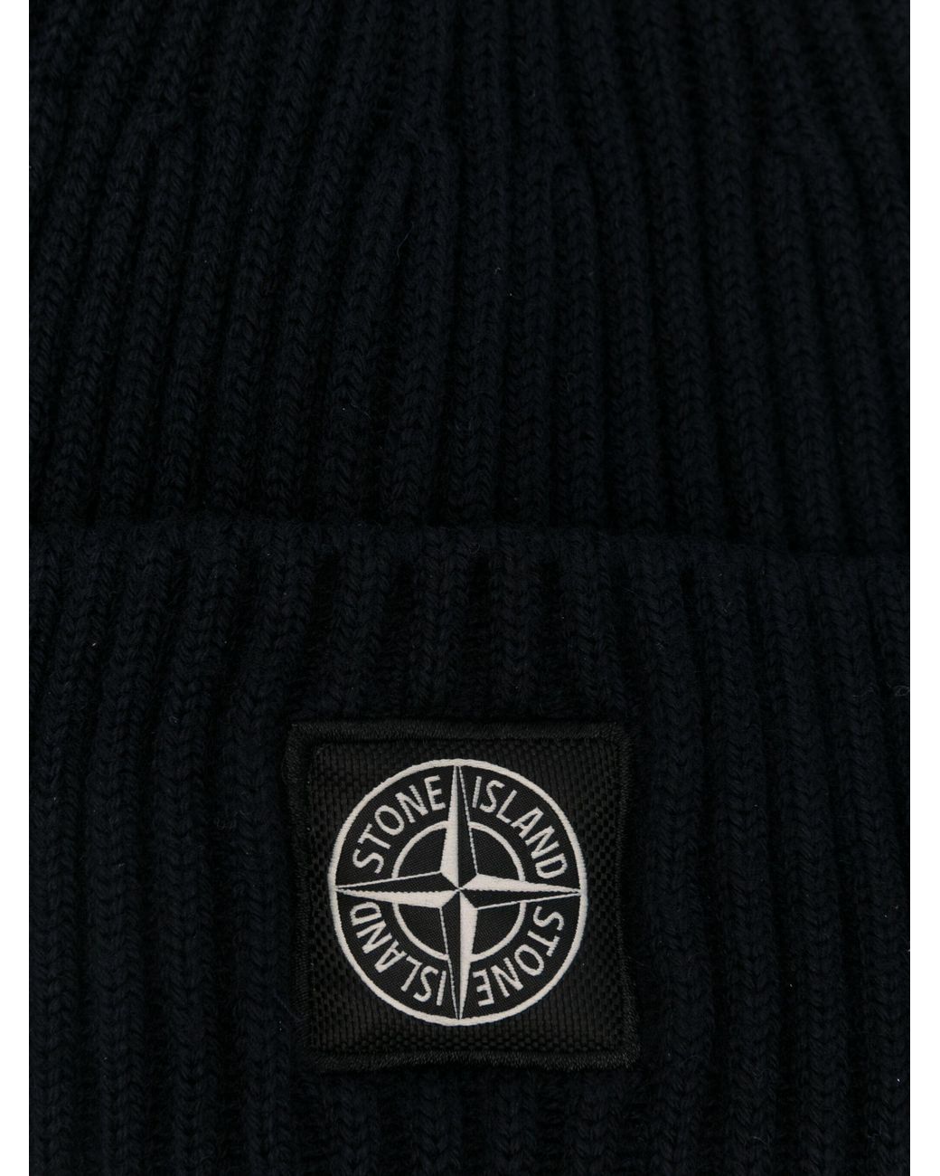 Stone Island Black Logo-Patch Ribbed-Knit Beanie Hat for men
