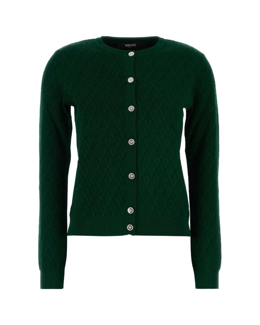 Versace Green Knit Sweater Textured V Jacquard Stretch Viscose