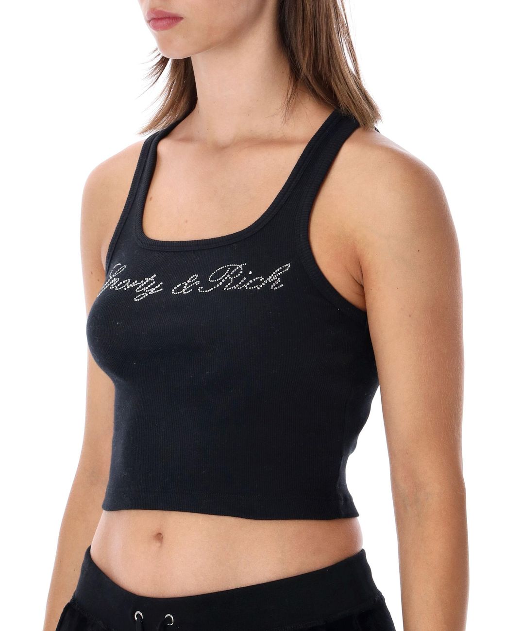 Sporty & Rich Black Rhinestone Logo Ribbed Crop Tank Top