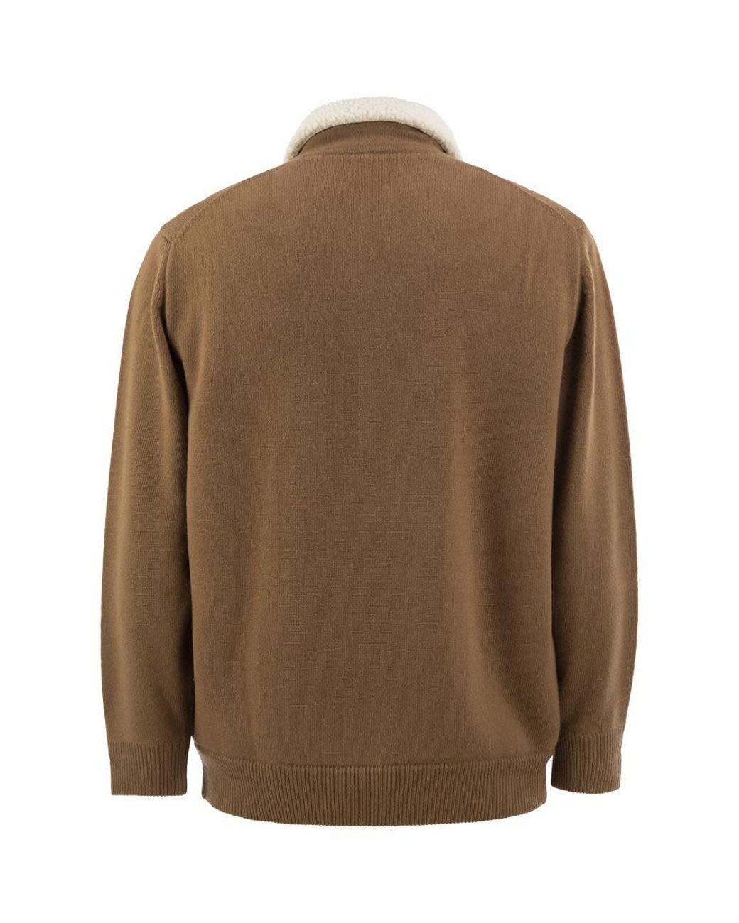 Kiton Brown Wool And Cashmere Cardigan With Shearling-Effect Collar for men