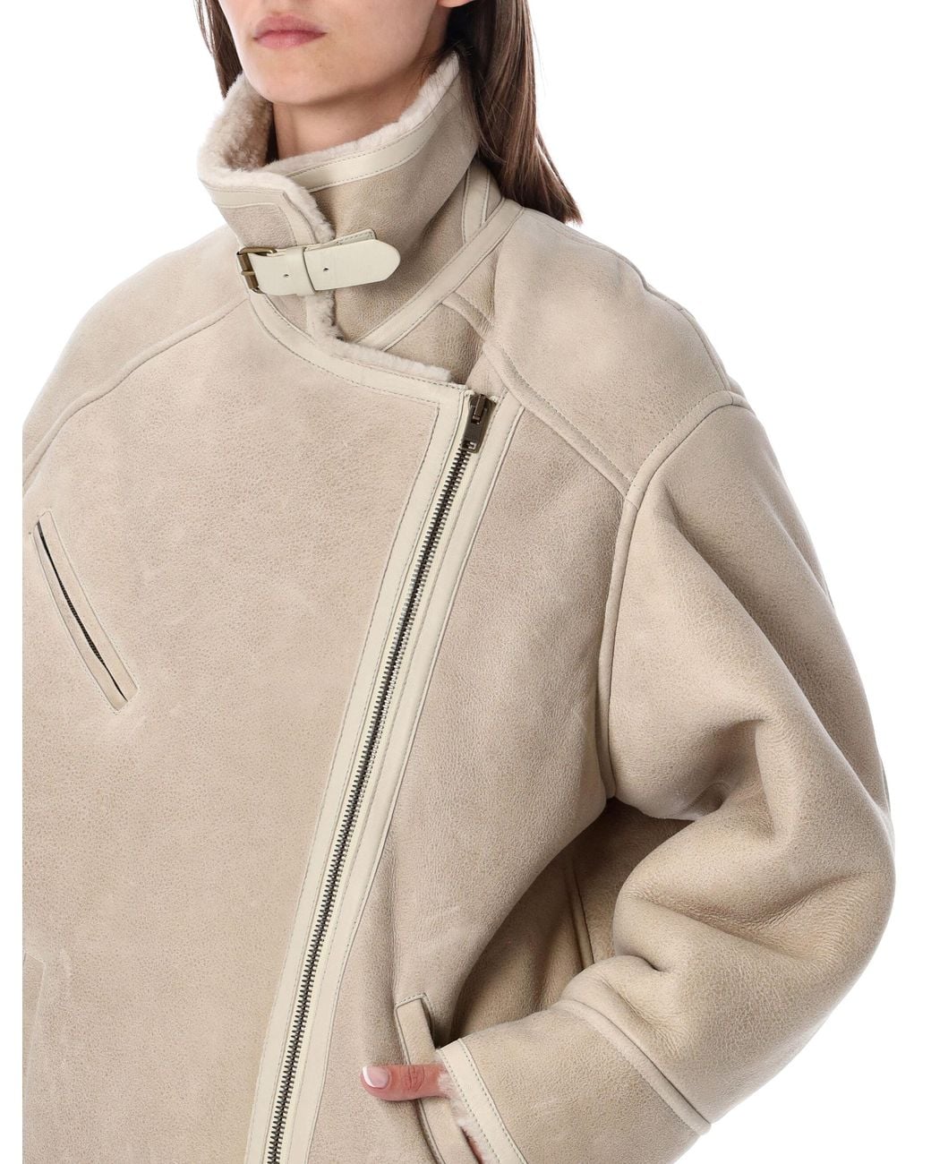 Isabel Marant Natural Adelina Shearling Jacket With Asymmetric Zip & High Buckled Collar