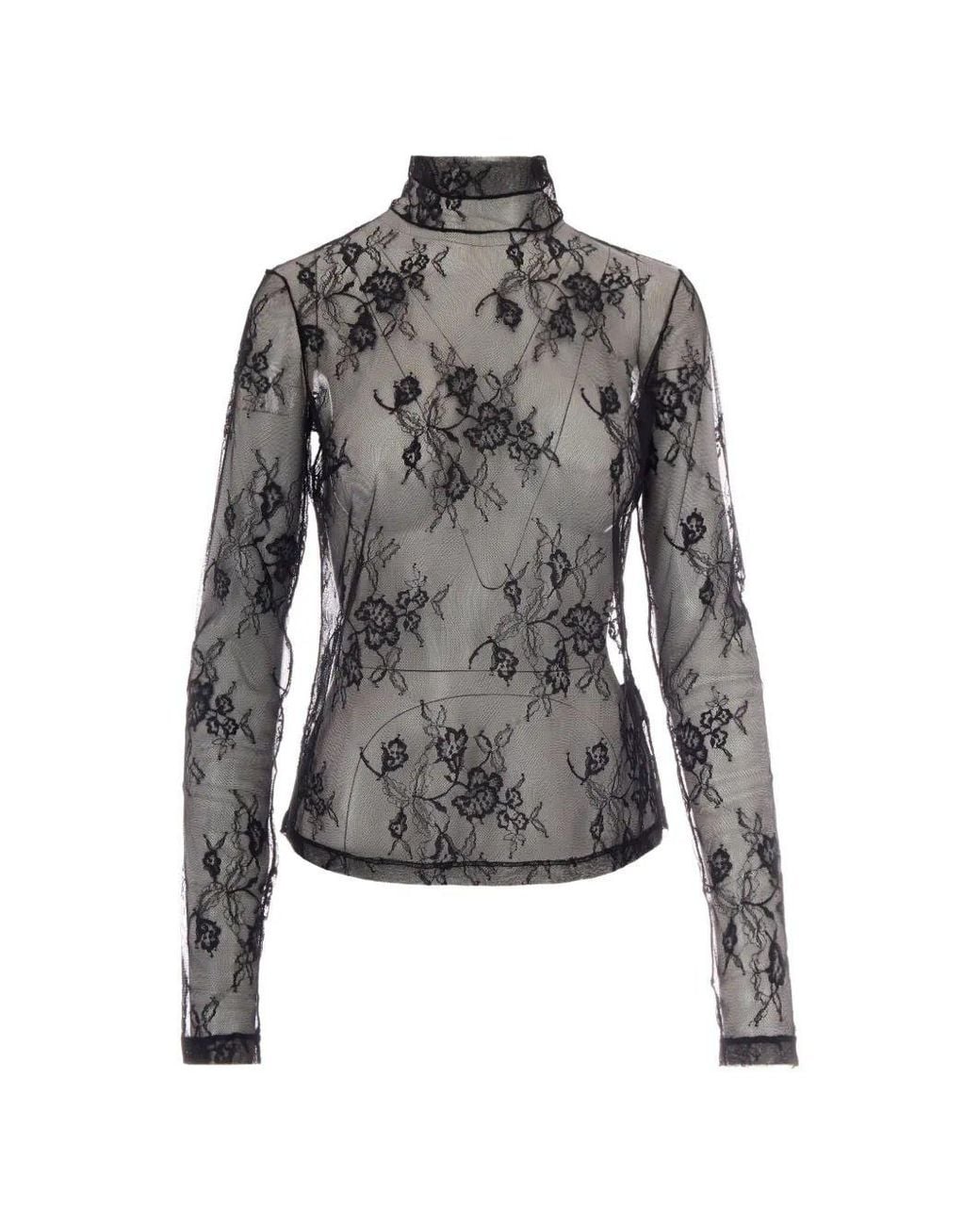 Patrizia Pepe Gray Top With Lace Overlay And High Neck